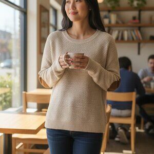 (F-189)Lety & Me Womens Beige Knit Sweater S Long Sleeve Cotton Blend Pullover